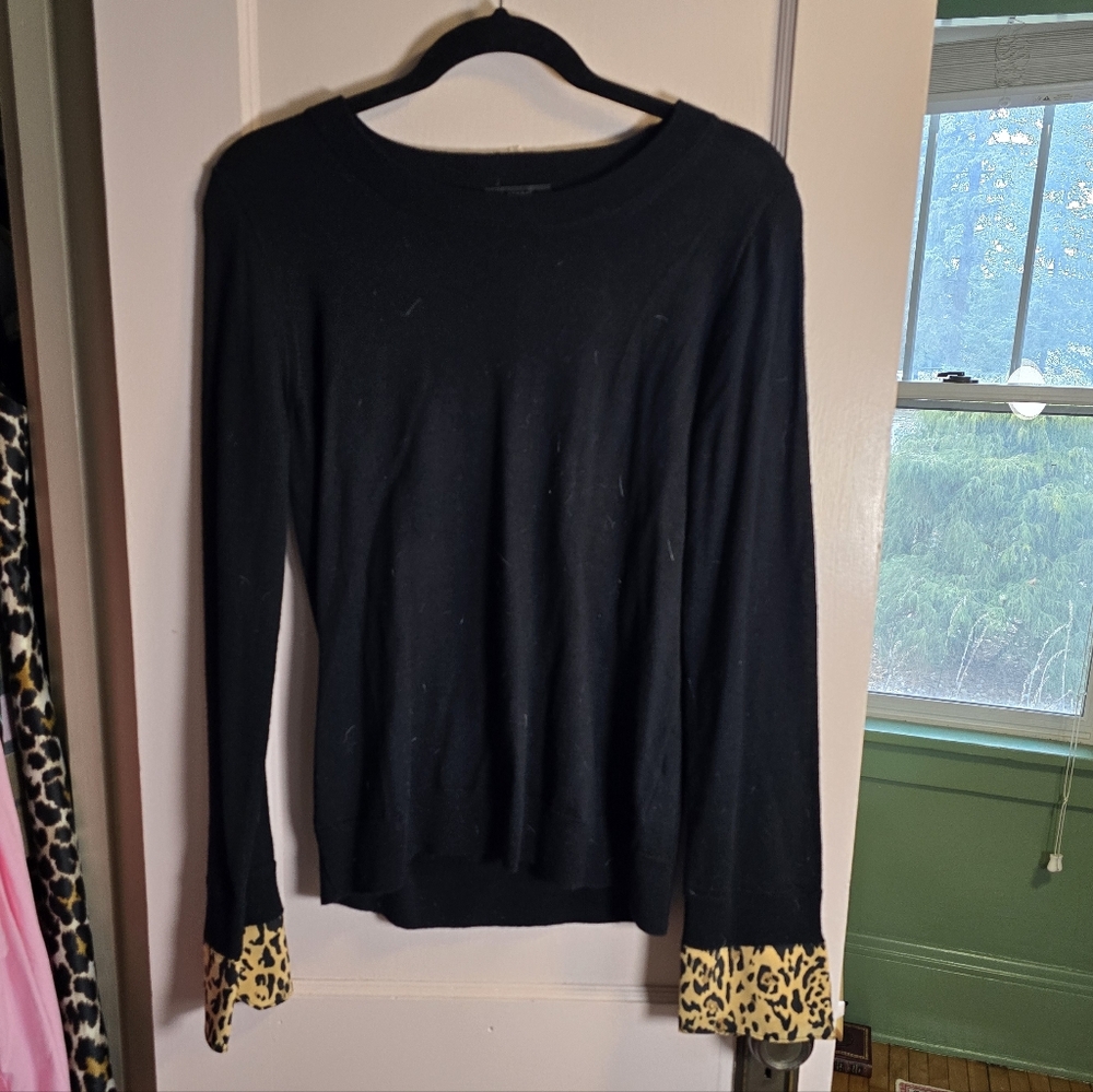 J. Crew Merino Wool Black And Leopard Print Sweater Size Medium